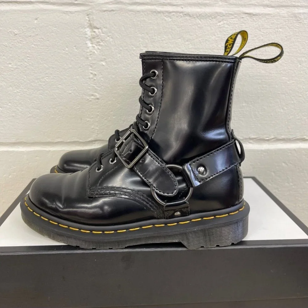 Dr. Martens 1460 Harness‎ Patent Black Leather Boots Men's Size 5/Womens US 6